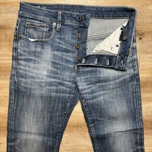 G Star RAW Jeans Men 32x28 Blue 3301 Slim Fit Denim Cotton‎ Thrashed Button Fly